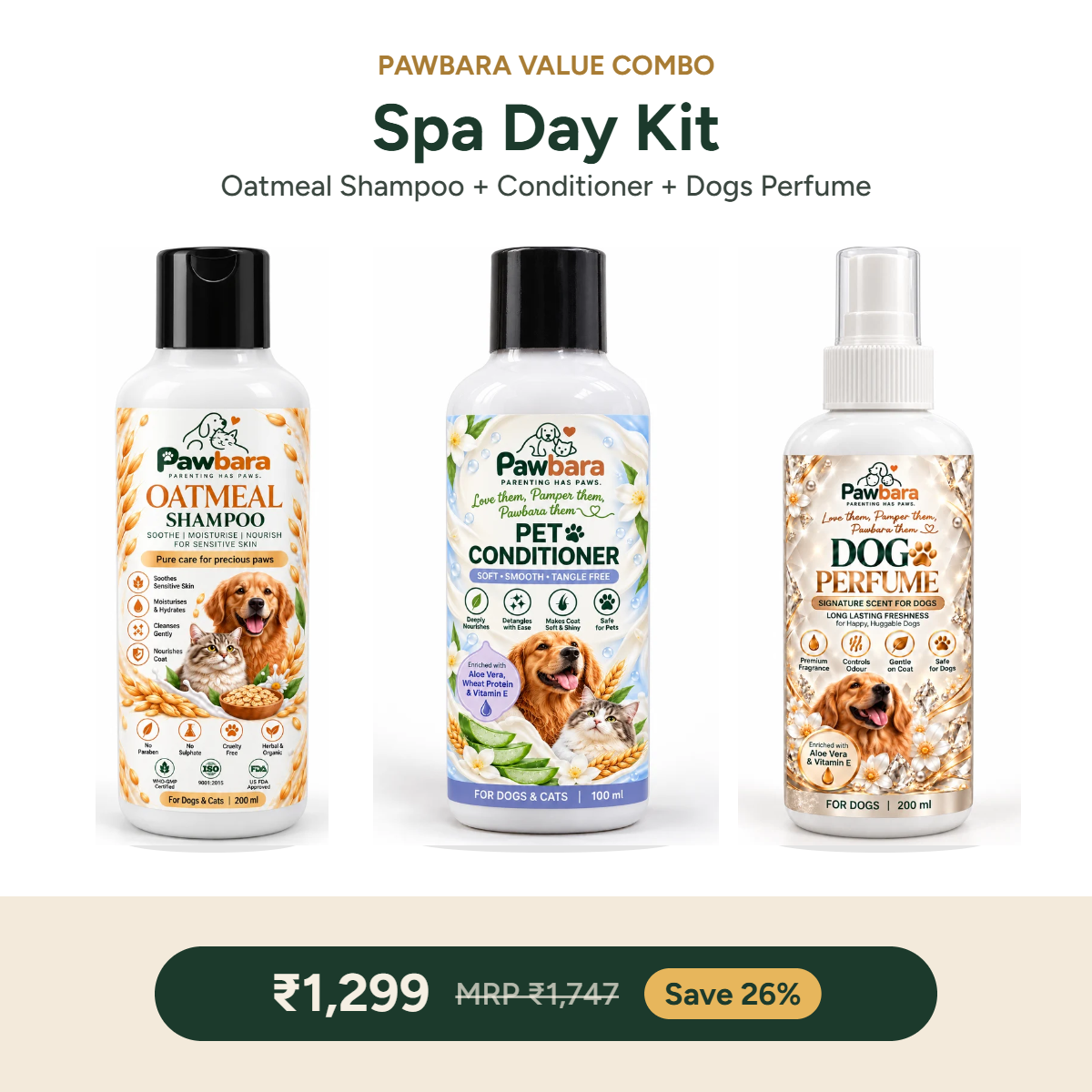 Pawbara Spa Day Kit – Oatmeal Shampoo, Conditioner and Dogs Perfume