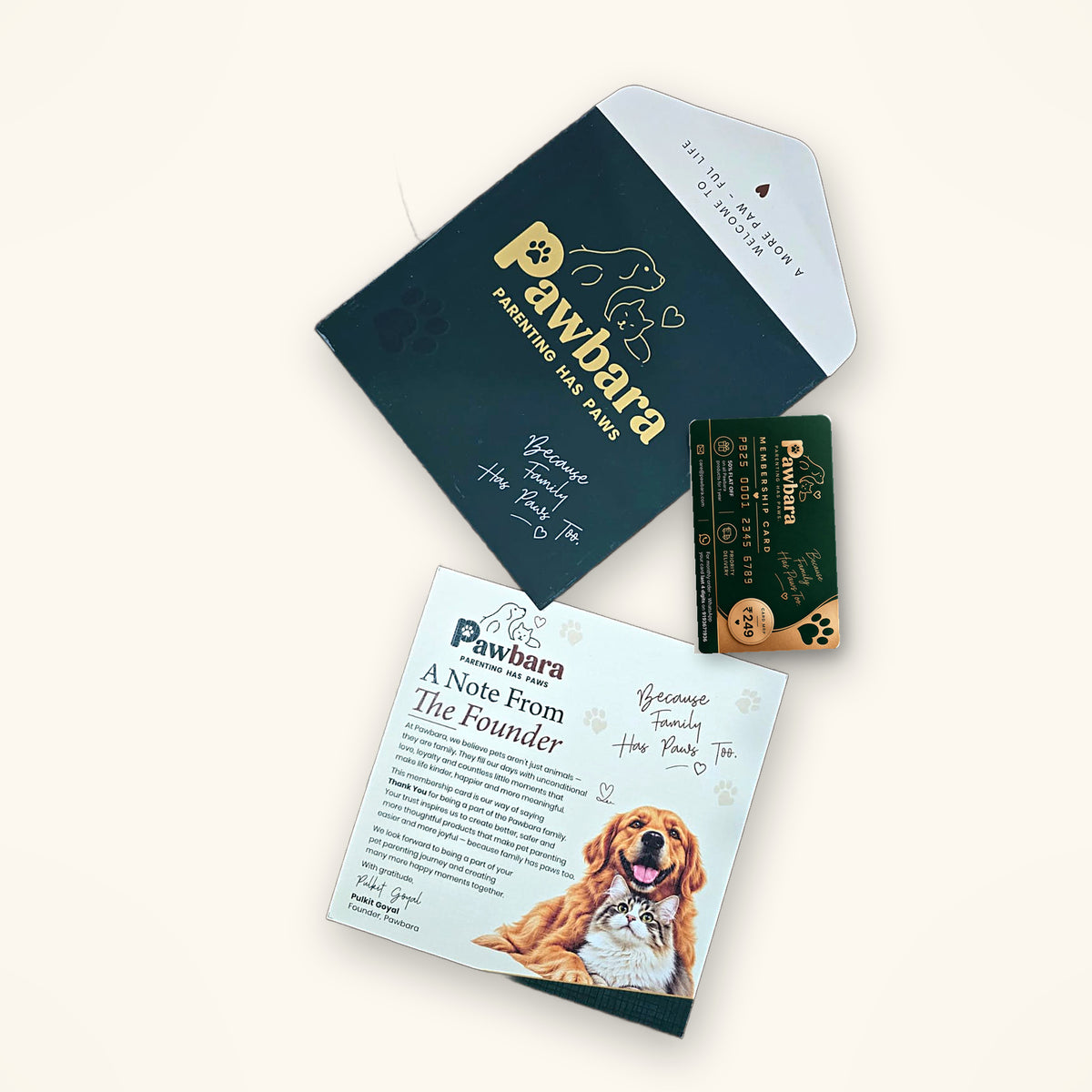 Pawbara membership welcome kit – membership card, envelope and a note from the founder